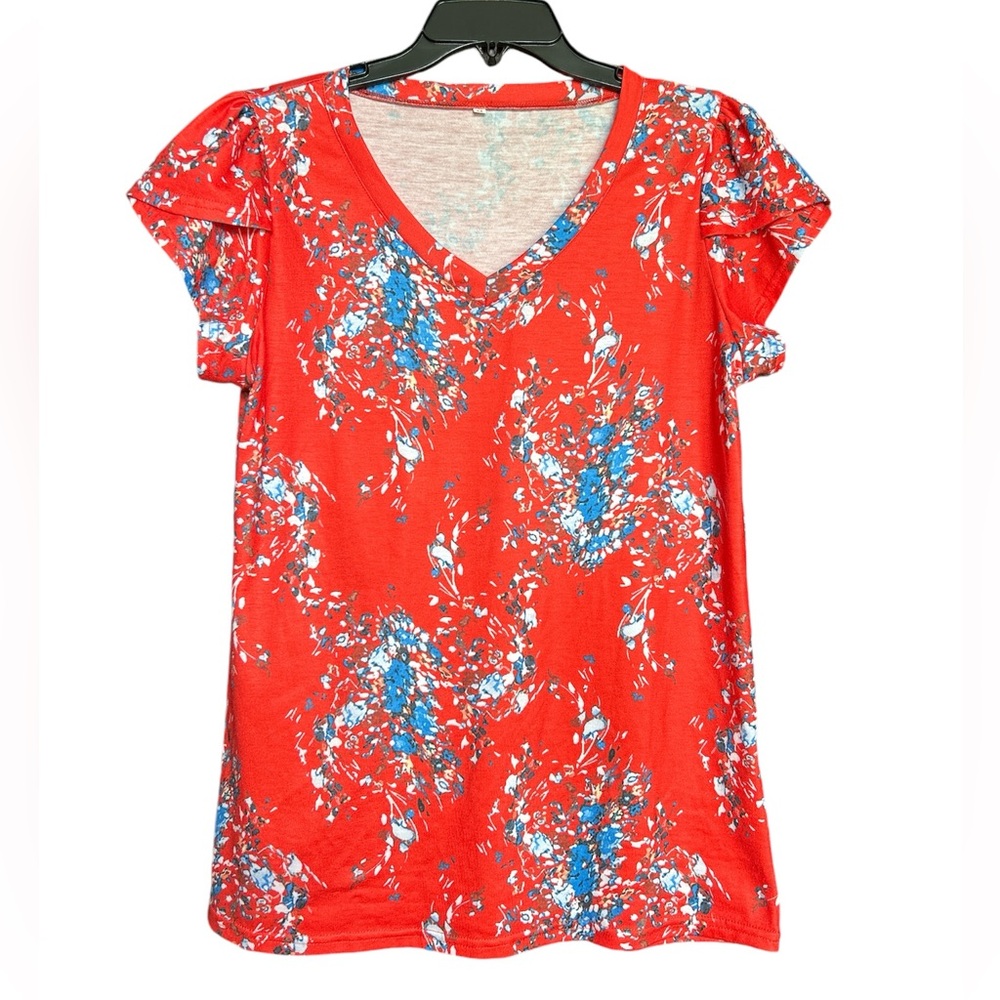 Floral V Neck Short Sleeved Shirt with Overlap Sleeve Detail